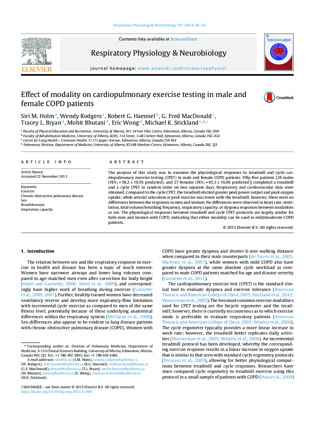 Effect of modality on cardiopulmonary exercise testing in male and female COPD patients