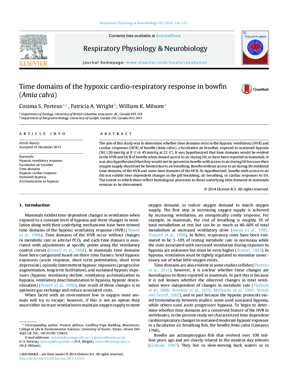 Time domains of the hypoxic cardio-respiratory response in bowfin (Amia calva)