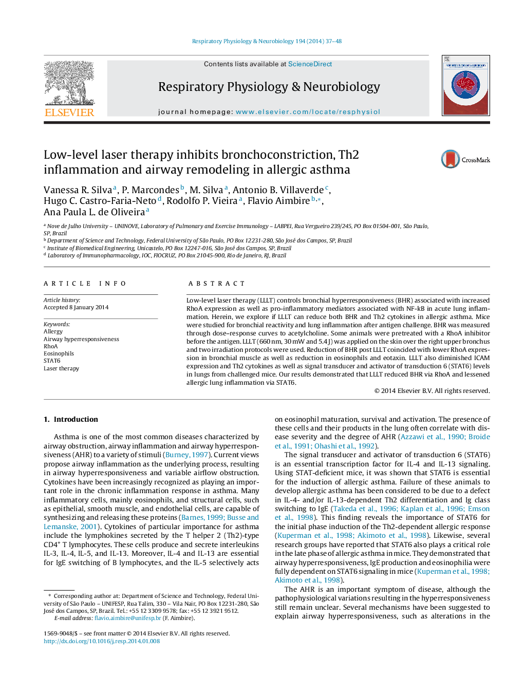 Low-level laser therapy inhibits bronchoconstriction, Th2 inflammation and airway remodeling in allergic asthma