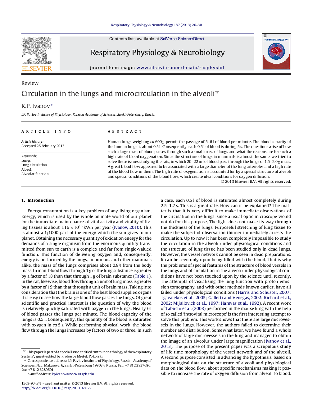 Circulation in the lungs and microcirculation in the alveoli 