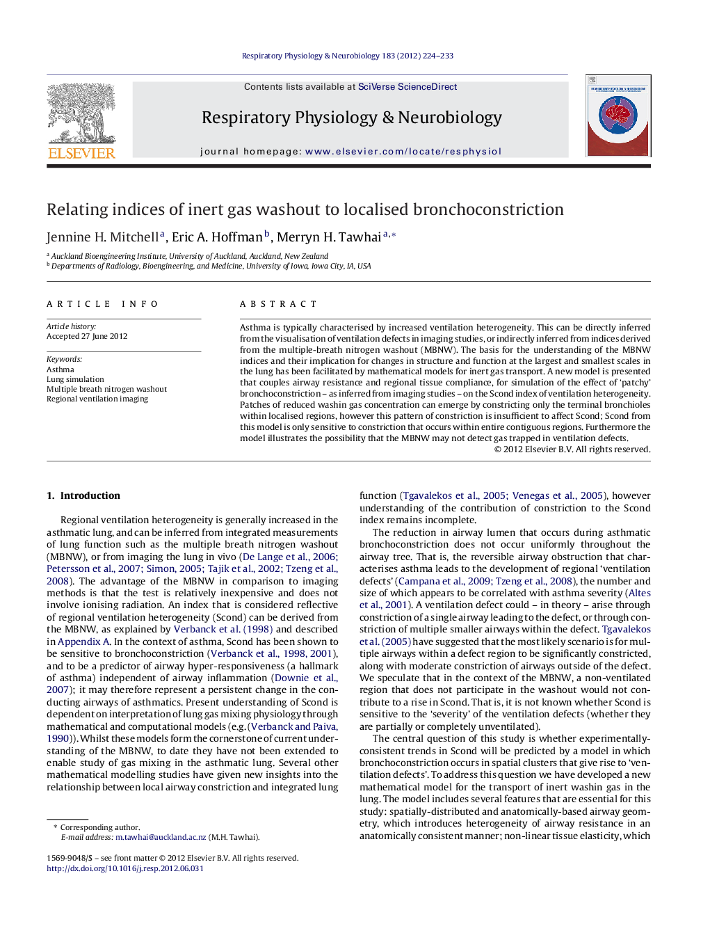 Relating indices of inert gas washout to localised bronchoconstriction