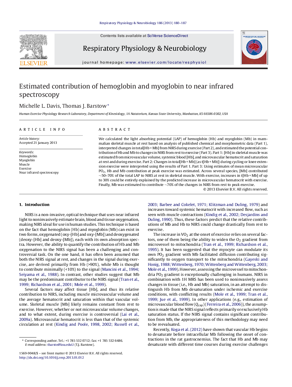 Estimated contribution of hemoglobin and myoglobin to near infrared spectroscopy