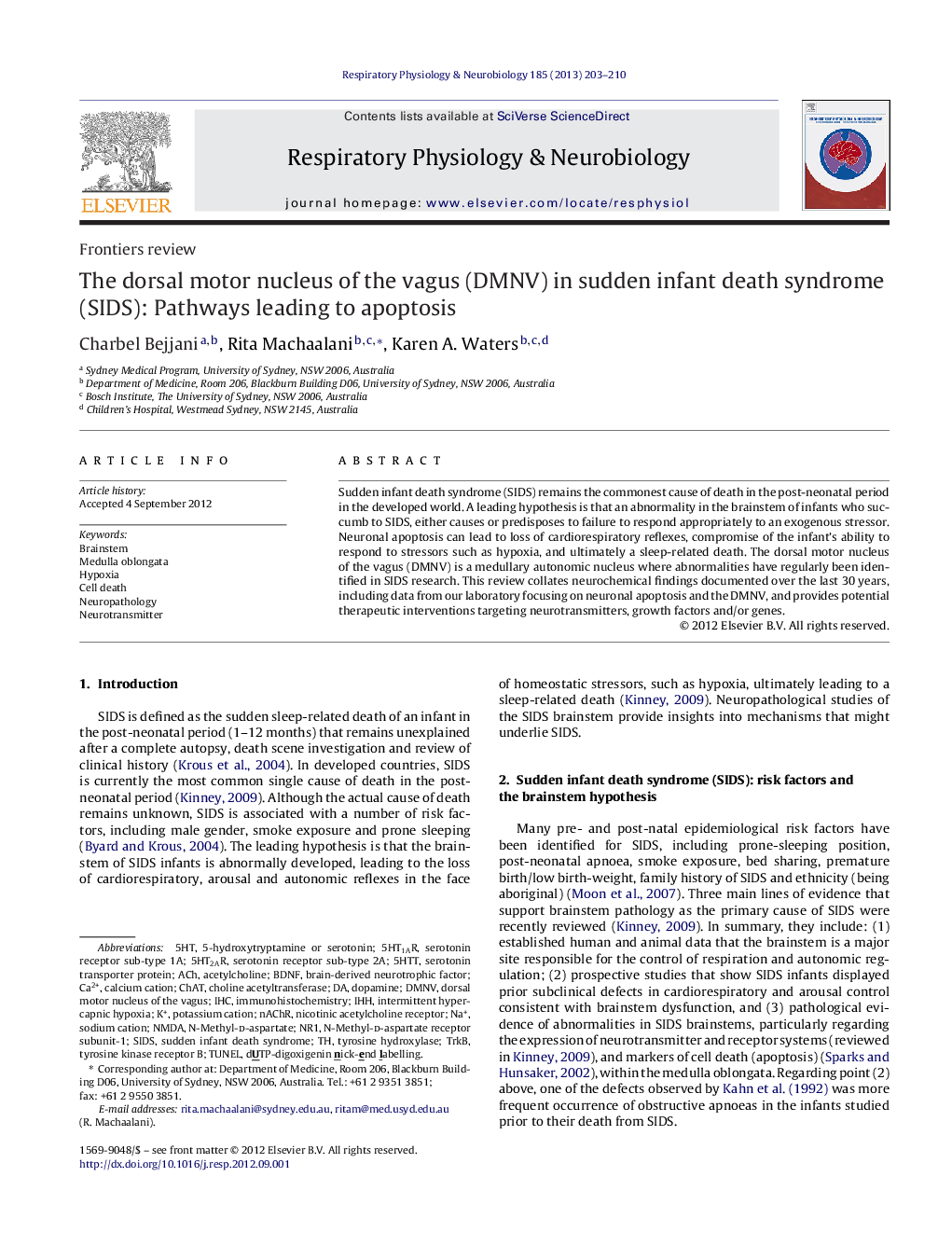 The dorsal motor nucleus of the vagus (DMNV) in sudden infant death syndrome (SIDS): Pathways leading to apoptosis