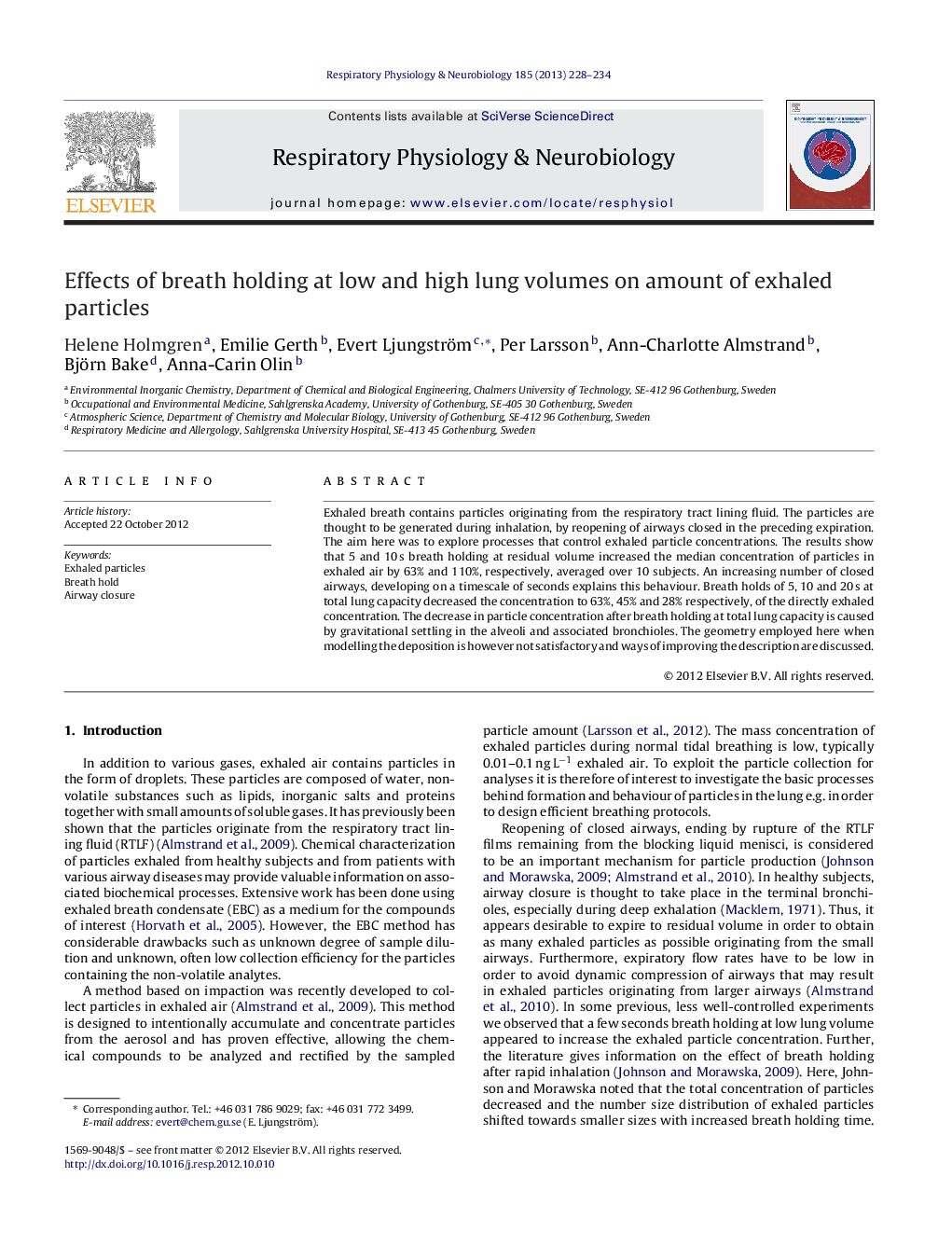 عکس صفحه اول مقاله: Effects of breath holding at low and high lung volumes on amount of exhaled particles Effects of breath holding at low and high lung volumes on amount of exhaled particles