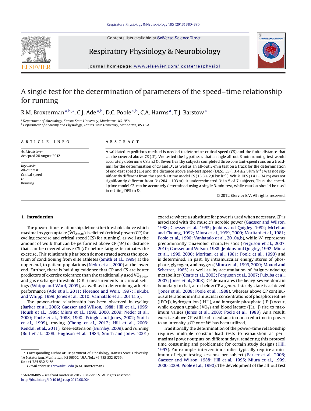 A single test for the determination of parameters of the speed–time relationship for running