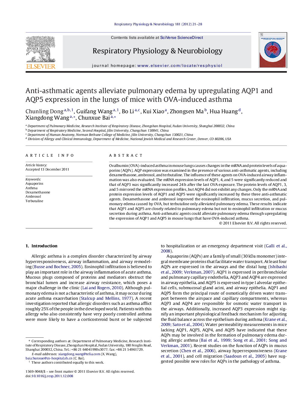 Anti-asthmatic agents alleviate pulmonary edema by upregulating AQP1 and AQP5 expression in the lungs of mice with OVA-induced asthma