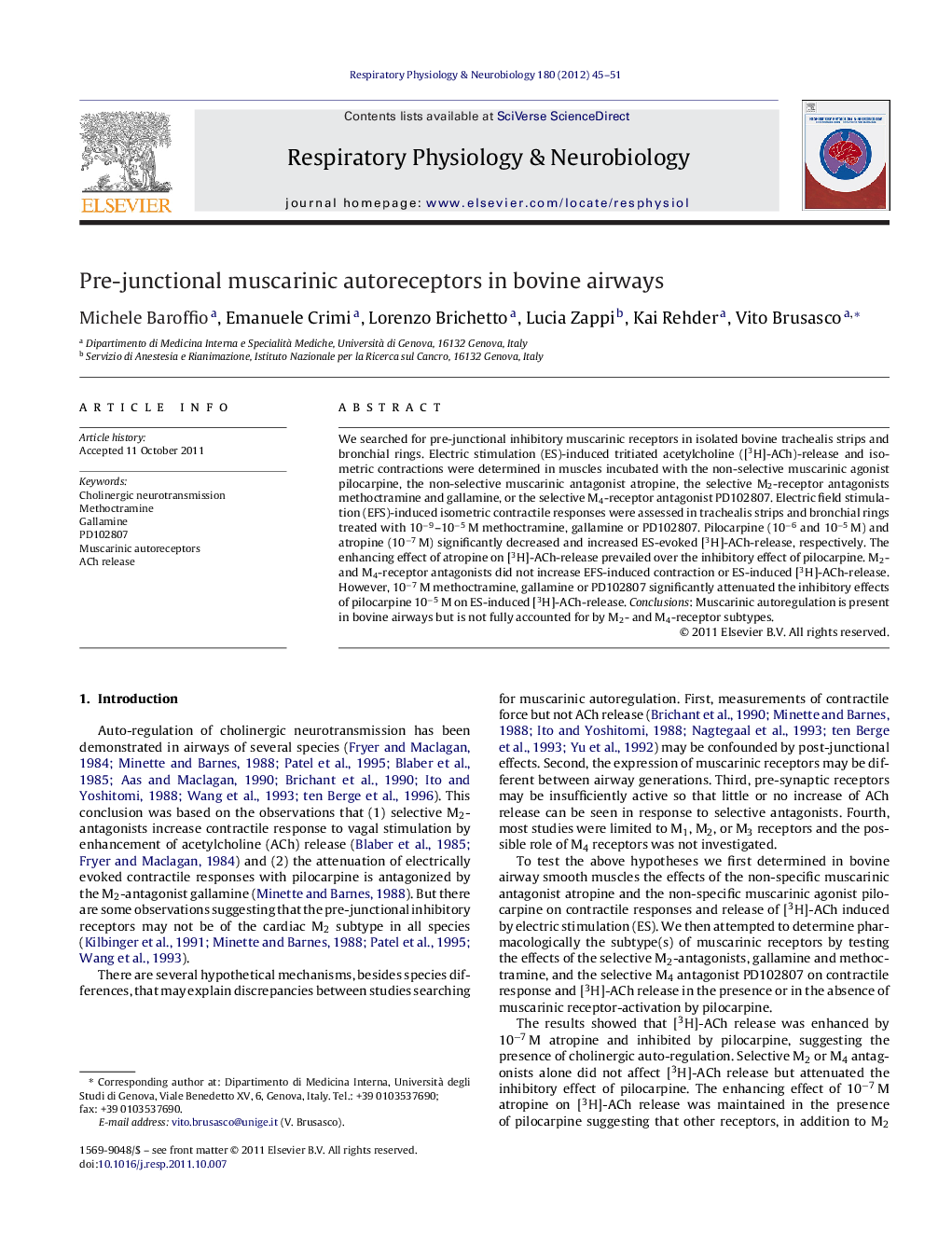 Pre-junctional muscarinic autoreceptors in bovine airways