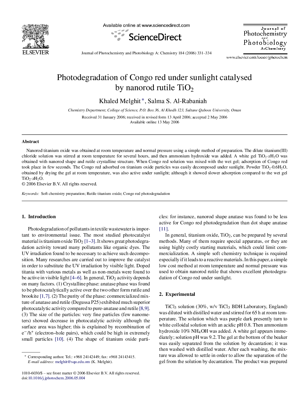 Photodegradation of Congo red under sunlight catalysed by nanorod rutile TiO2