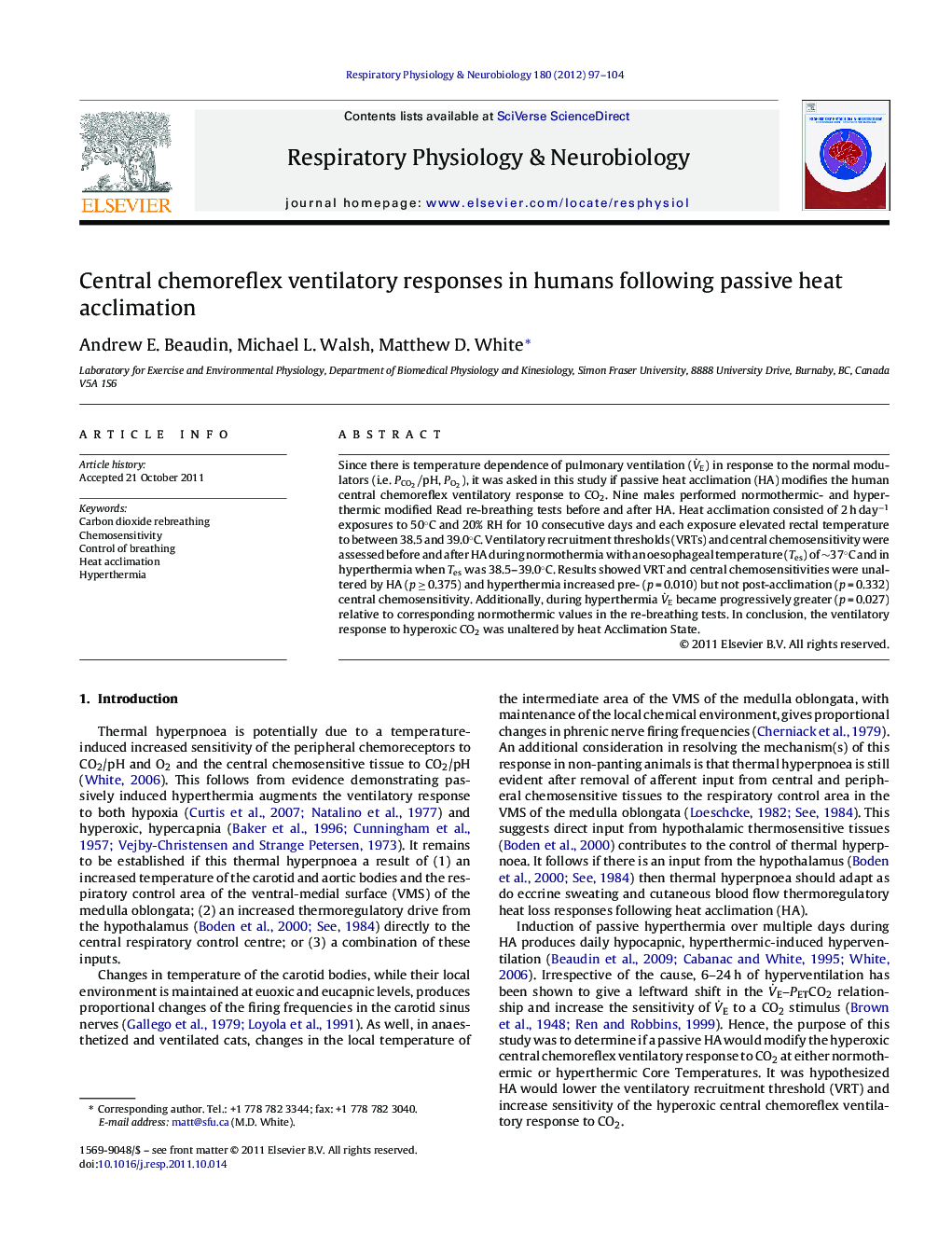 Central chemoreflex ventilatory responses in humans following passive heat acclimation