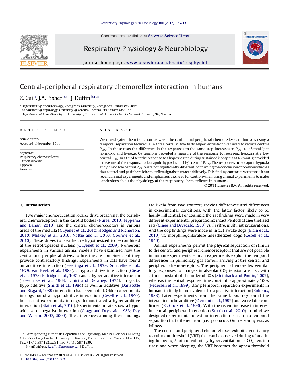 Central-peripheral respiratory chemoreflex interaction in humans