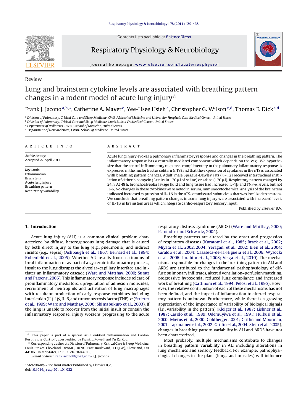 Lung and brainstem cytokine levels are associated with breathing pattern changes in a rodent model of acute lung injury 