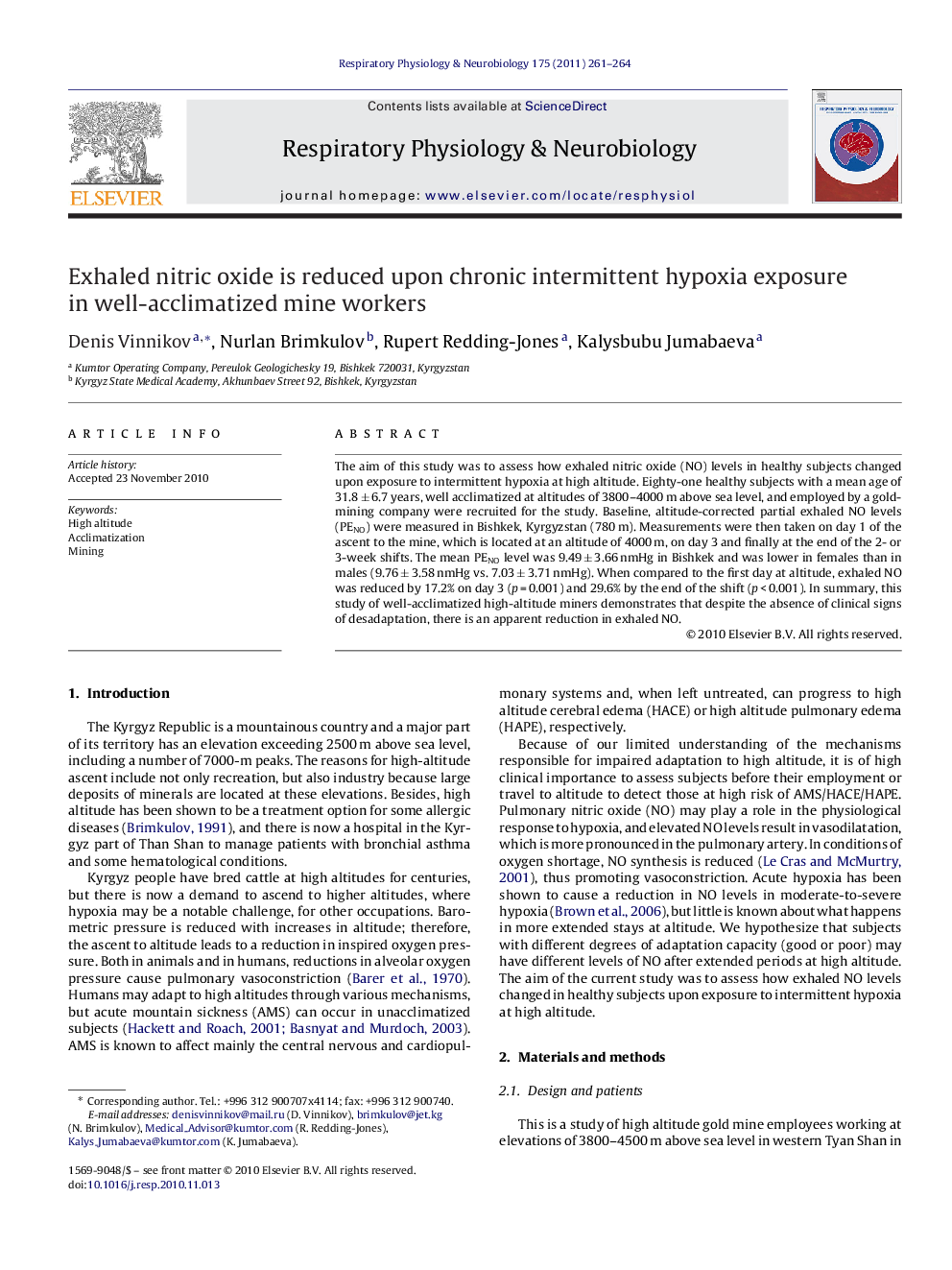 Exhaled nitric oxide is reduced upon chronic intermittent hypoxia exposure in well-acclimatized mine workers