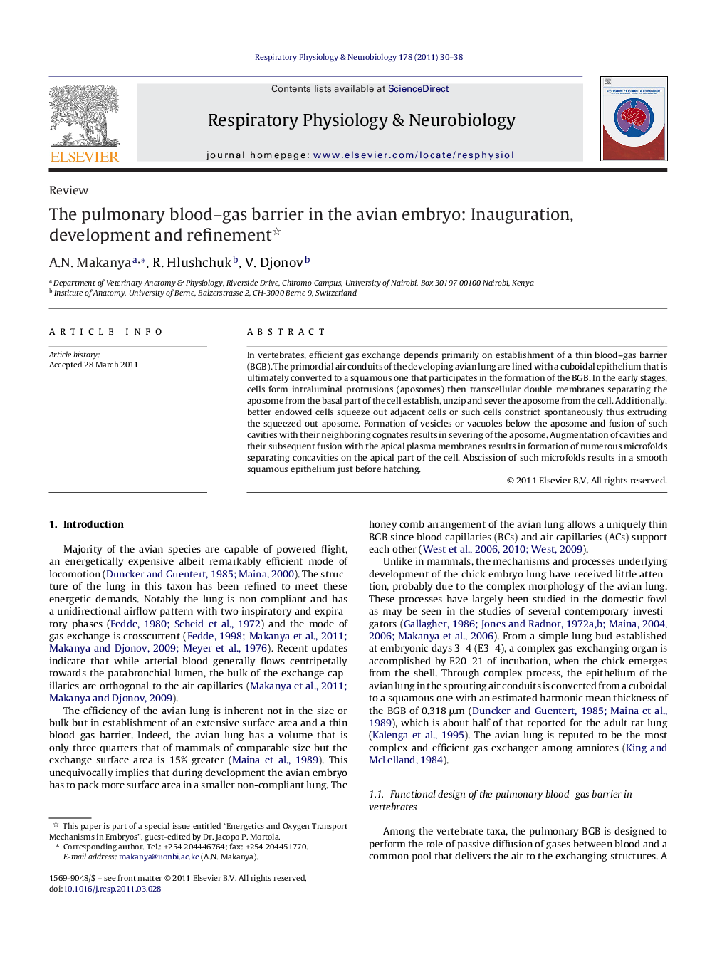 The pulmonary blood–gas barrier in the avian embryo: Inauguration, development and refinement 
