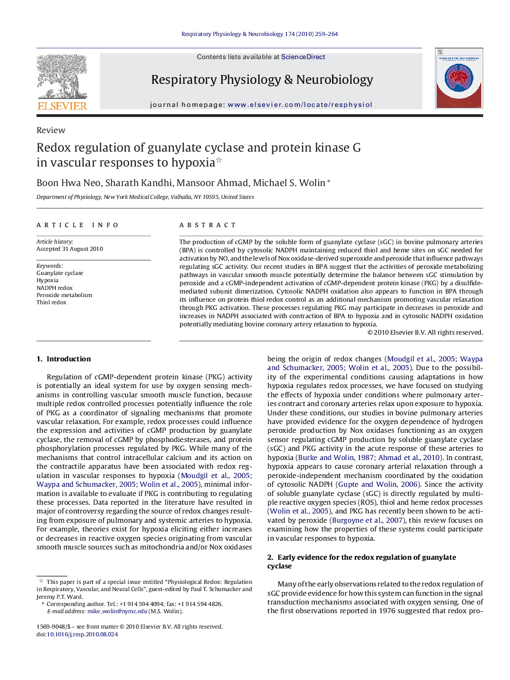 Redox regulation of guanylate cyclase and protein kinase G in vascular responses to hypoxia 