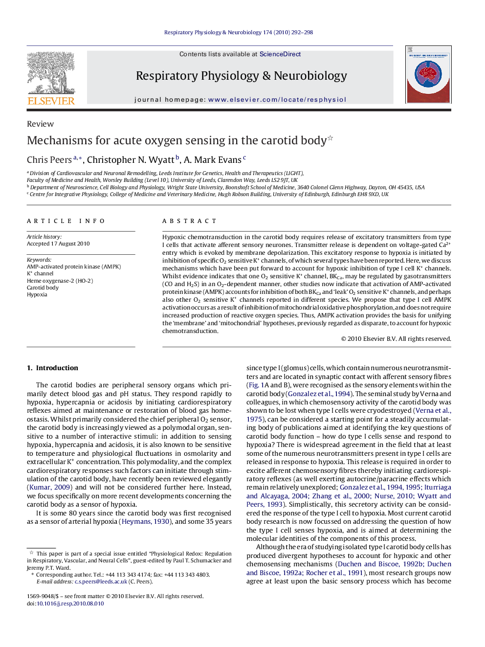 Mechanisms for acute oxygen sensing in the carotid body 