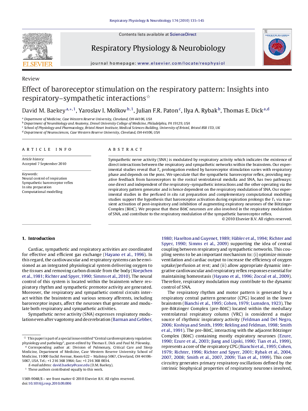 Effect of baroreceptor stimulation on the respiratory pattern: Insights into respiratory–sympathetic interactions 