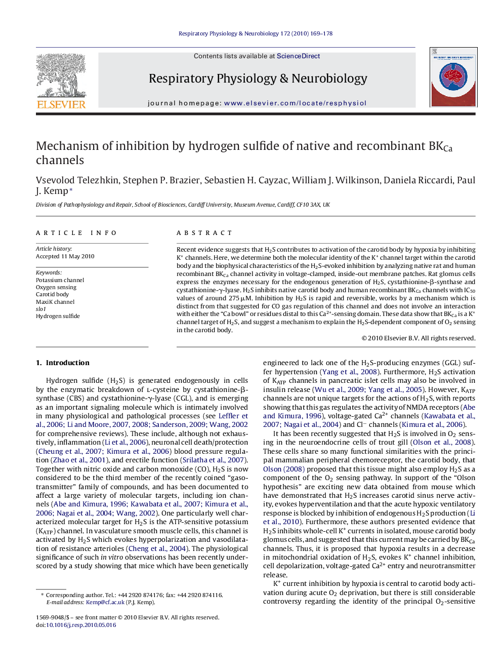 Mechanism of inhibition by hydrogen sulfide of native and recombinant BKCa channels