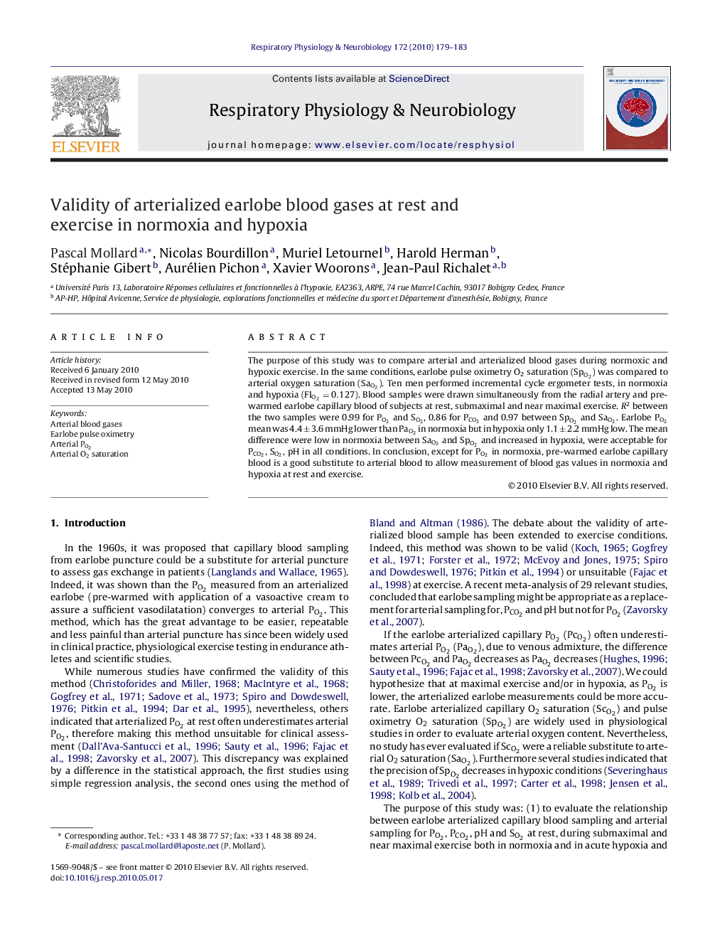 Validity of arterialized earlobe blood gases at rest and exercise in normoxia and hypoxia