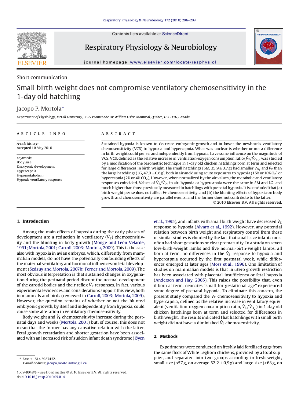 Small birth weight does not compromise ventilatory chemosensitivity in the 1-day old hatchling