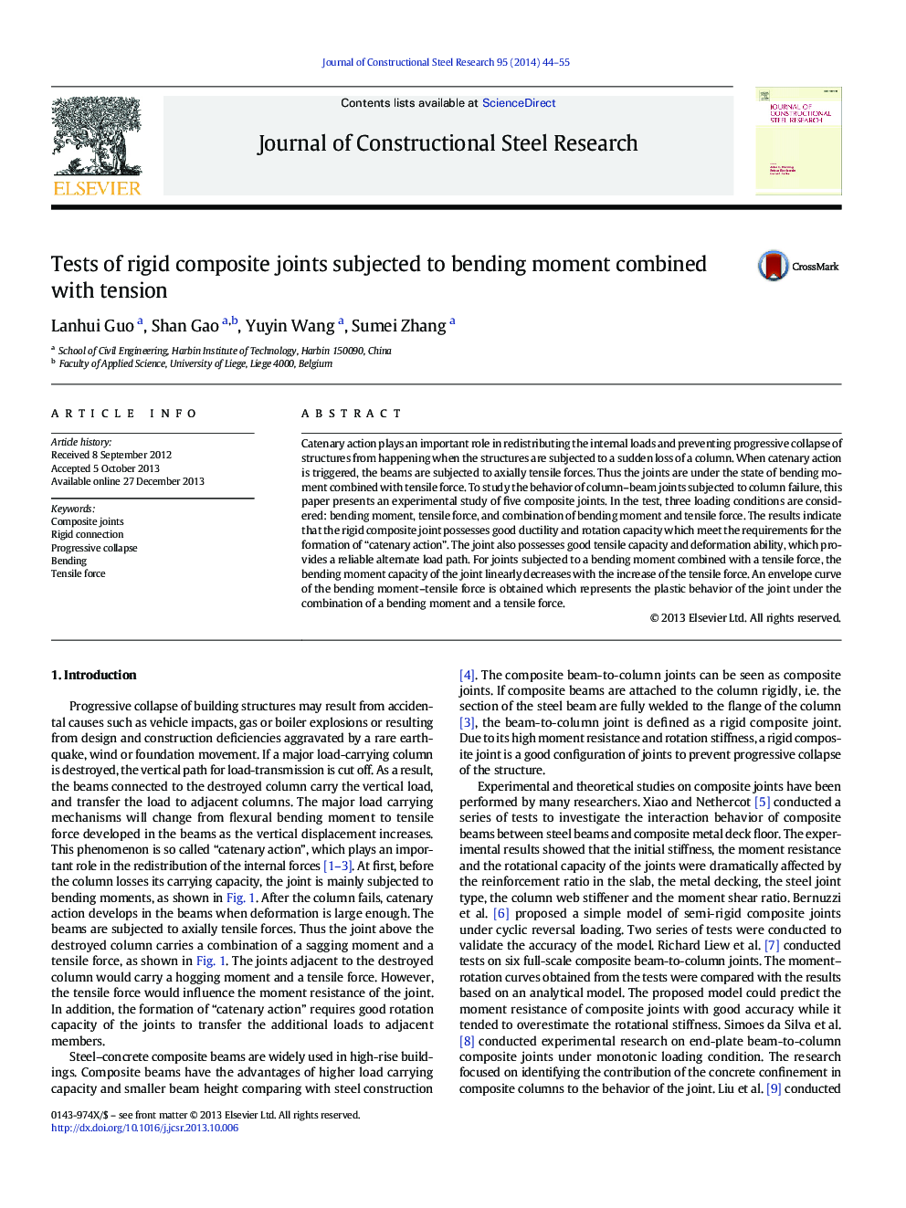 Tests of rigid composite joints subjected to bending moment combined with tension