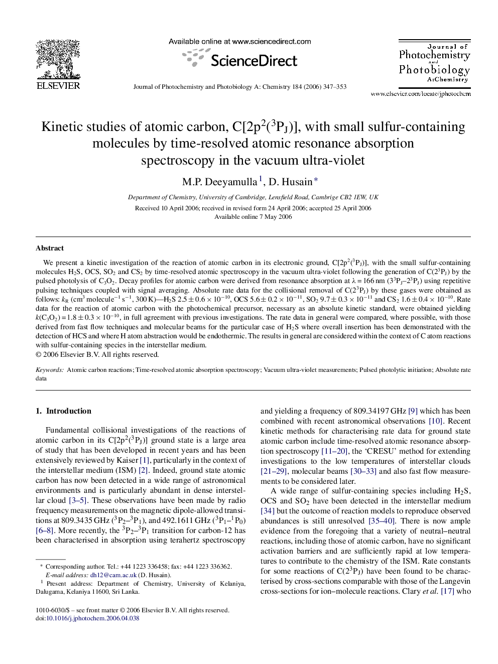 Kinetic studies of atomic carbon, C[2p2(3PJ)], with small sulfur-containing molecules by time-resolved atomic resonance absorption spectroscopy in the vacuum ultra-violet