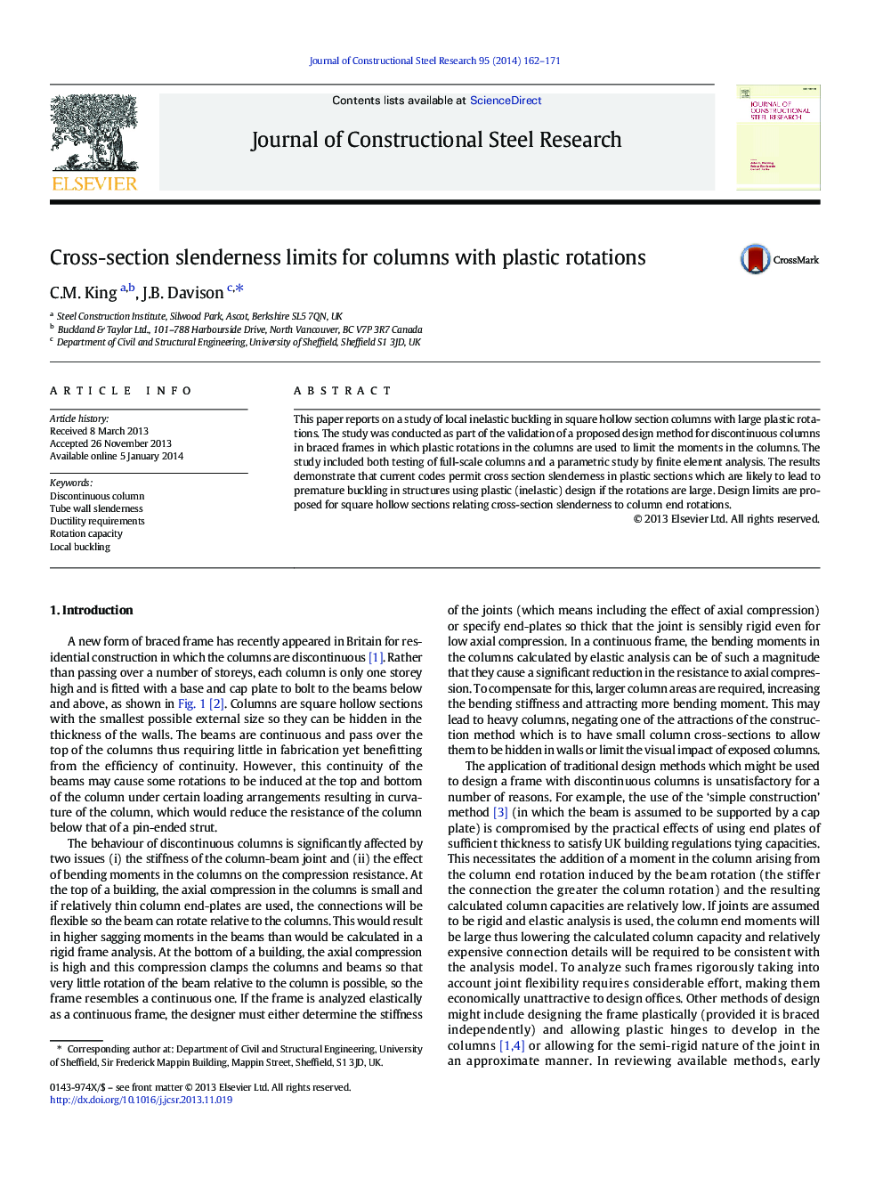 Cross-section slenderness limits for columns with plastic rotations