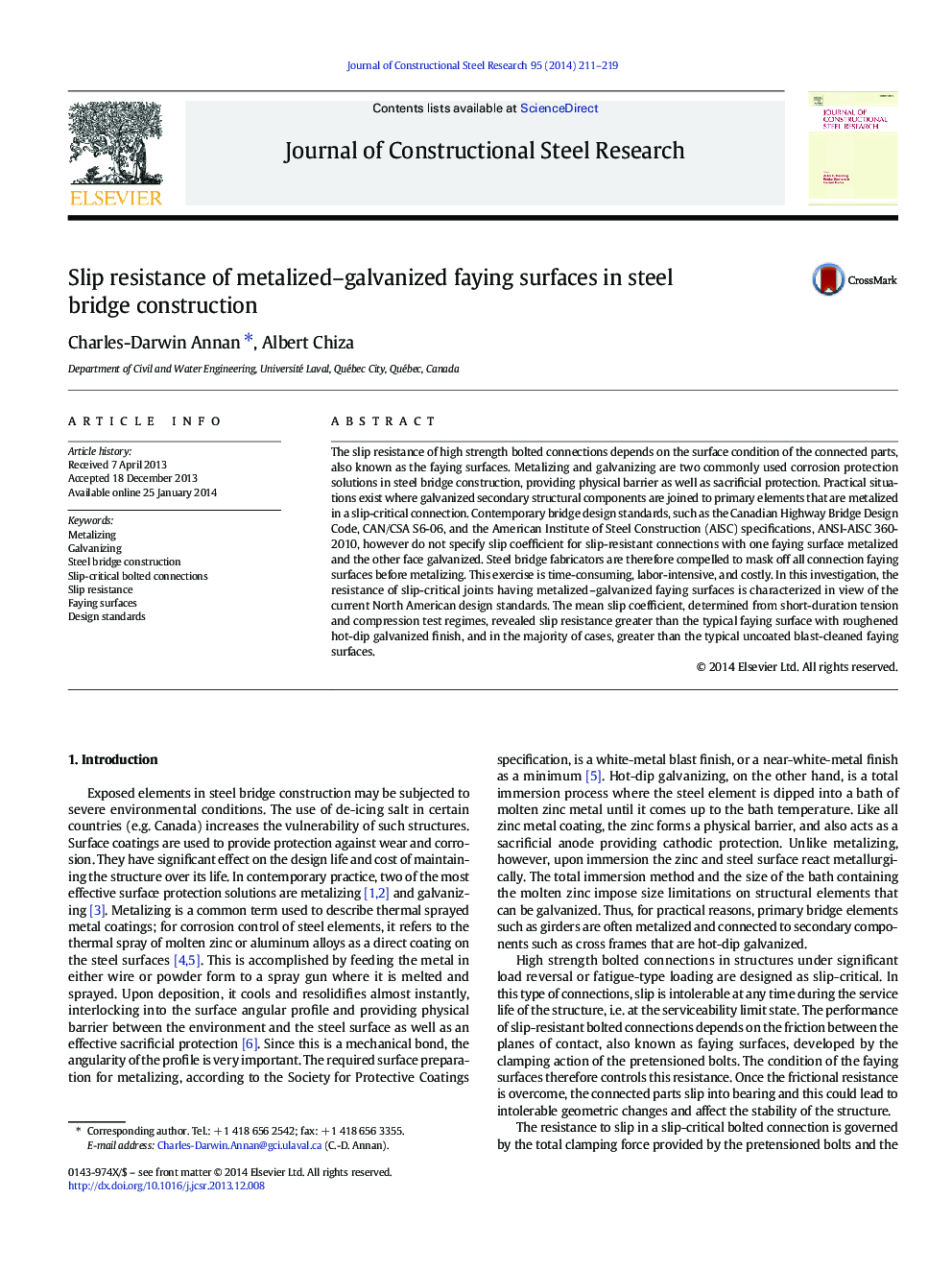 Slip resistance of metalized–galvanized faying surfaces in steel bridge construction