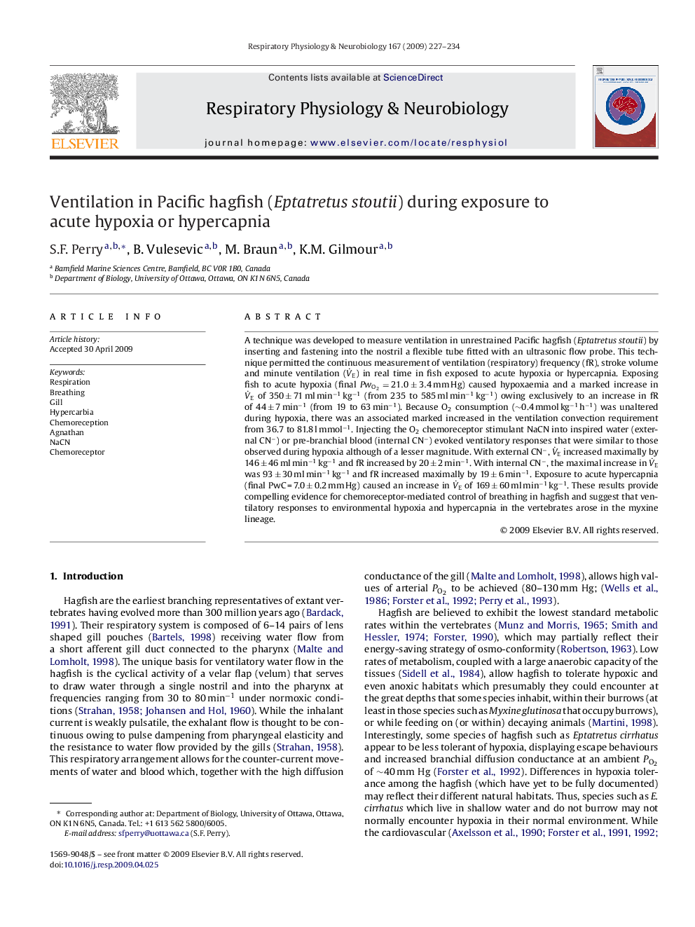 Ventilation in Pacific hagfish (Eptatretus stoutii) during exposure to acute hypoxia or hypercapnia