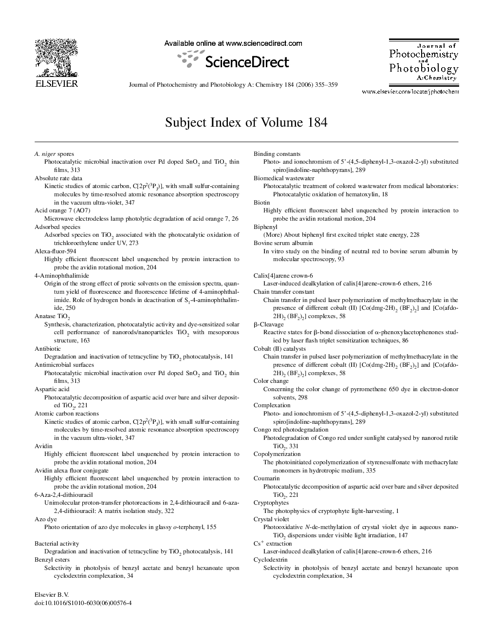 Subject Index of Volume 184