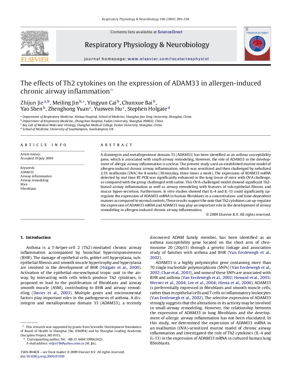 The effects of Th2 cytokines on the expression of ADAM33 in allergen-induced chronic airway inflammation 