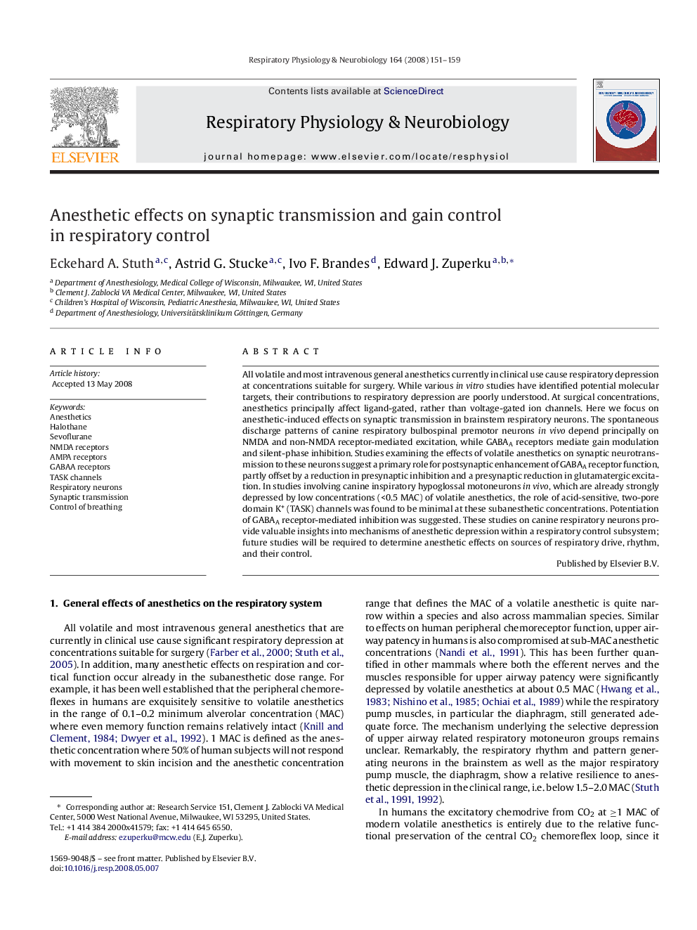 Anesthetic effects on synaptic transmission and gain control in respiratory control