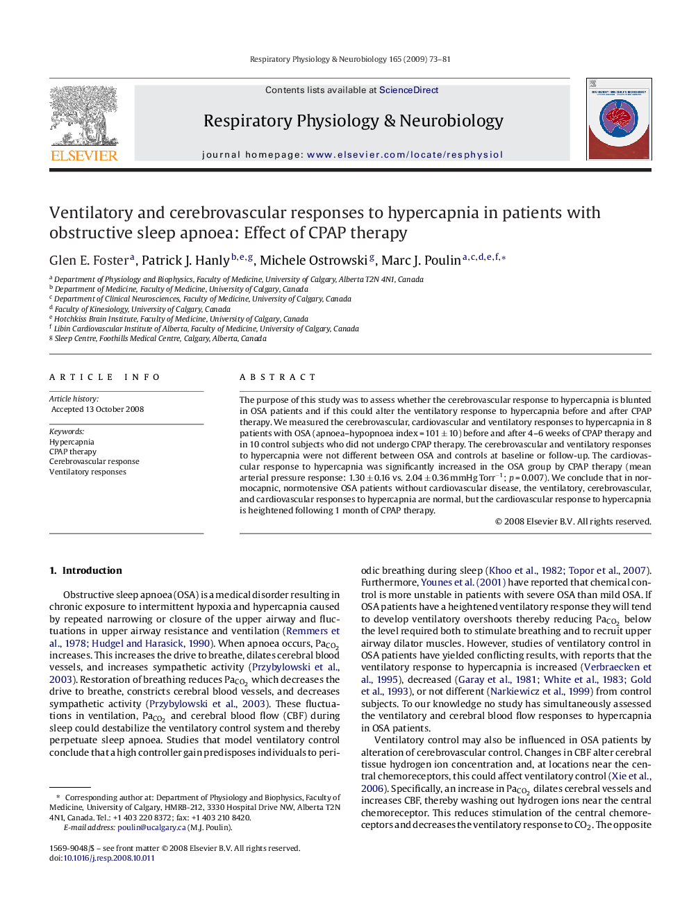 Ventilatory and cerebrovascular responses to hypercapnia in patients with obstructive sleep apnoea: Effect of CPAP therapy