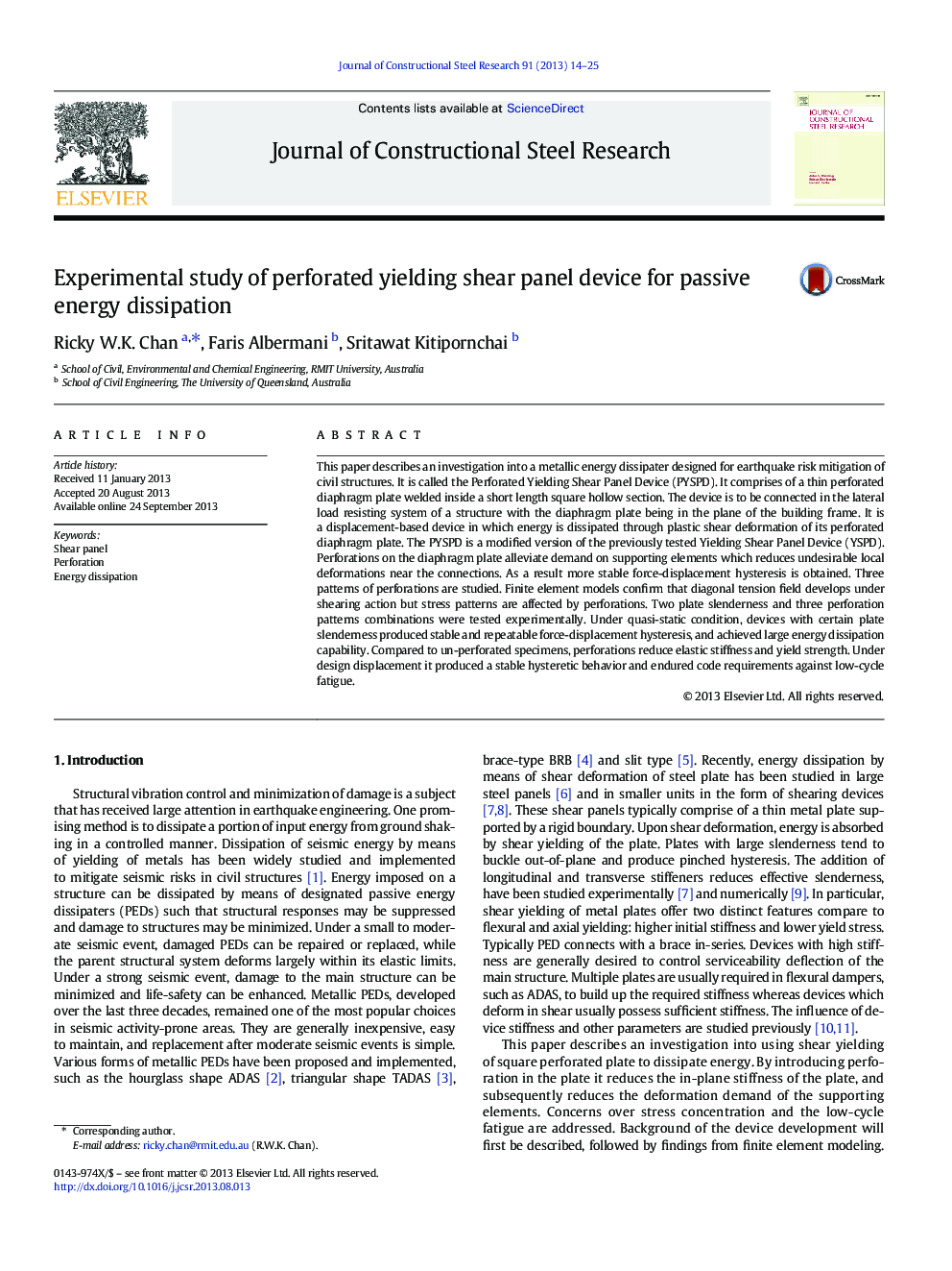 Experimental study of perforated yielding shear panel device for passive energy dissipation