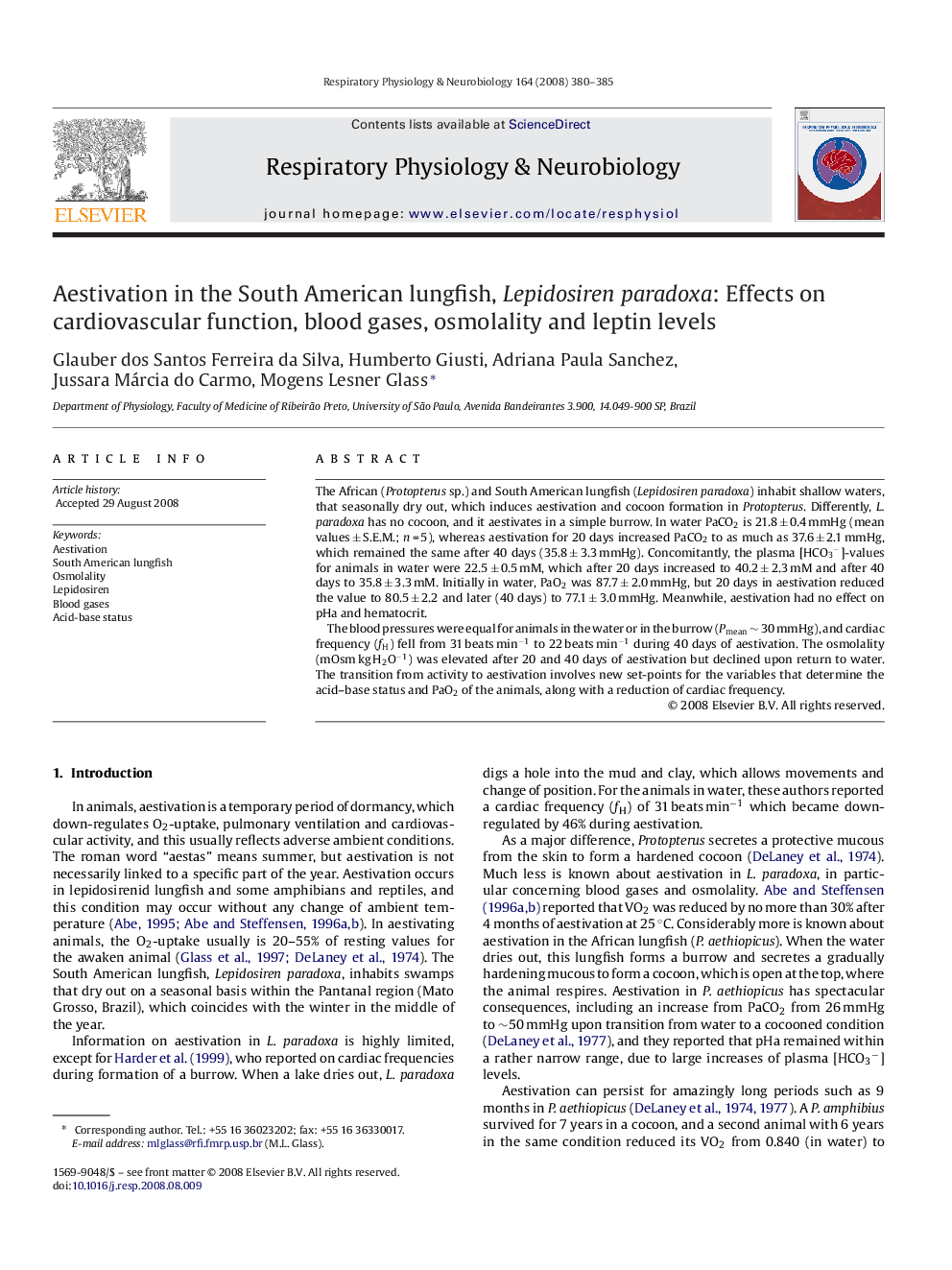 Aestivation in the South American lungfish, Lepidosiren paradoxa: Effects on cardiovascular function, blood gases, osmolality and leptin levels