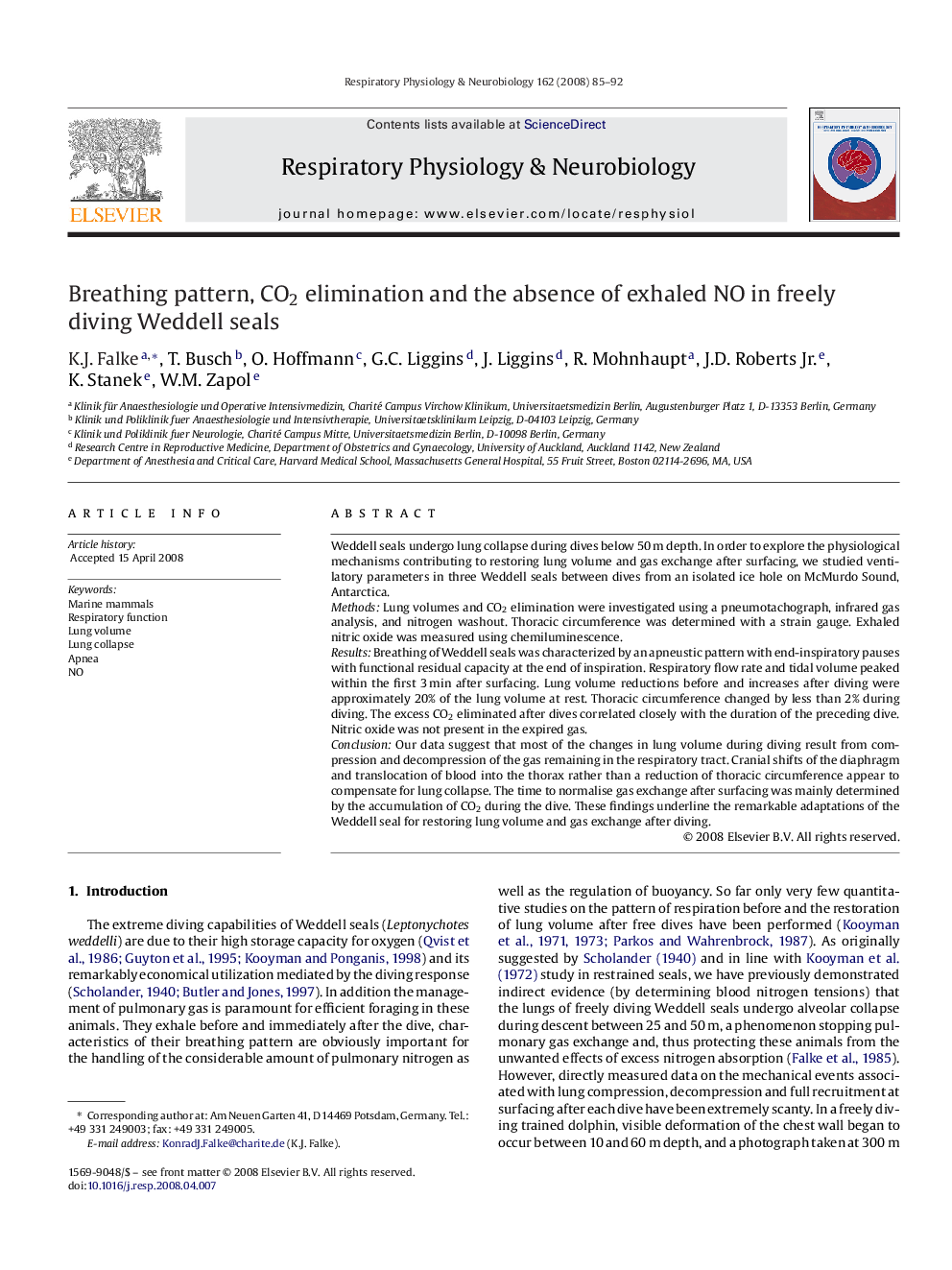 Breathing pattern, CO2 elimination and the absence of exhaled NO in freely diving Weddell seals