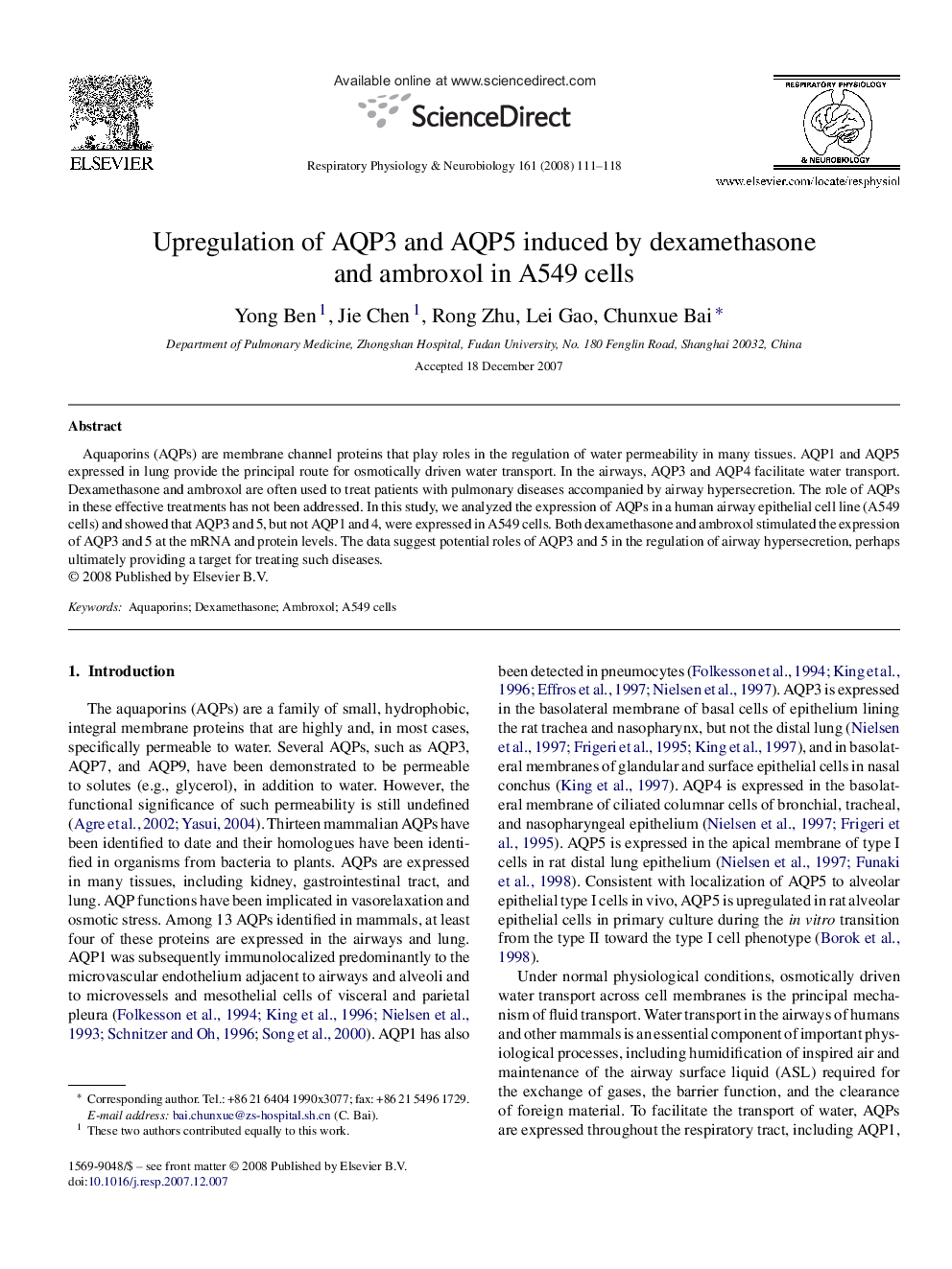 Upregulation of AQP3 and AQP5 induced by dexamethasone and ambroxol in A549 cells