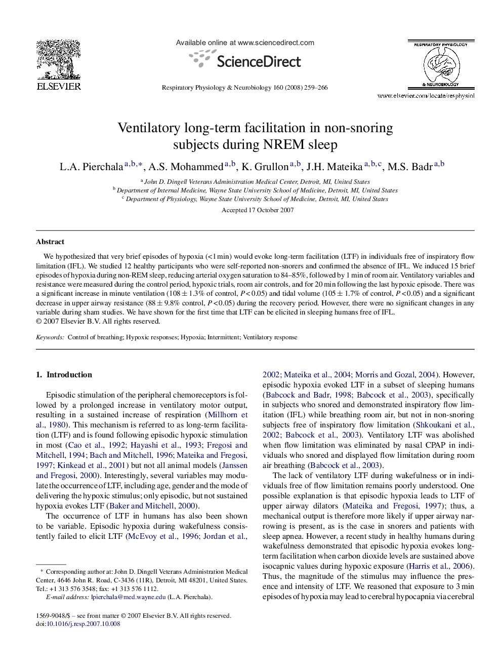 Ventilatory long-term facilitation in non-snoring subjects during NREM sleep