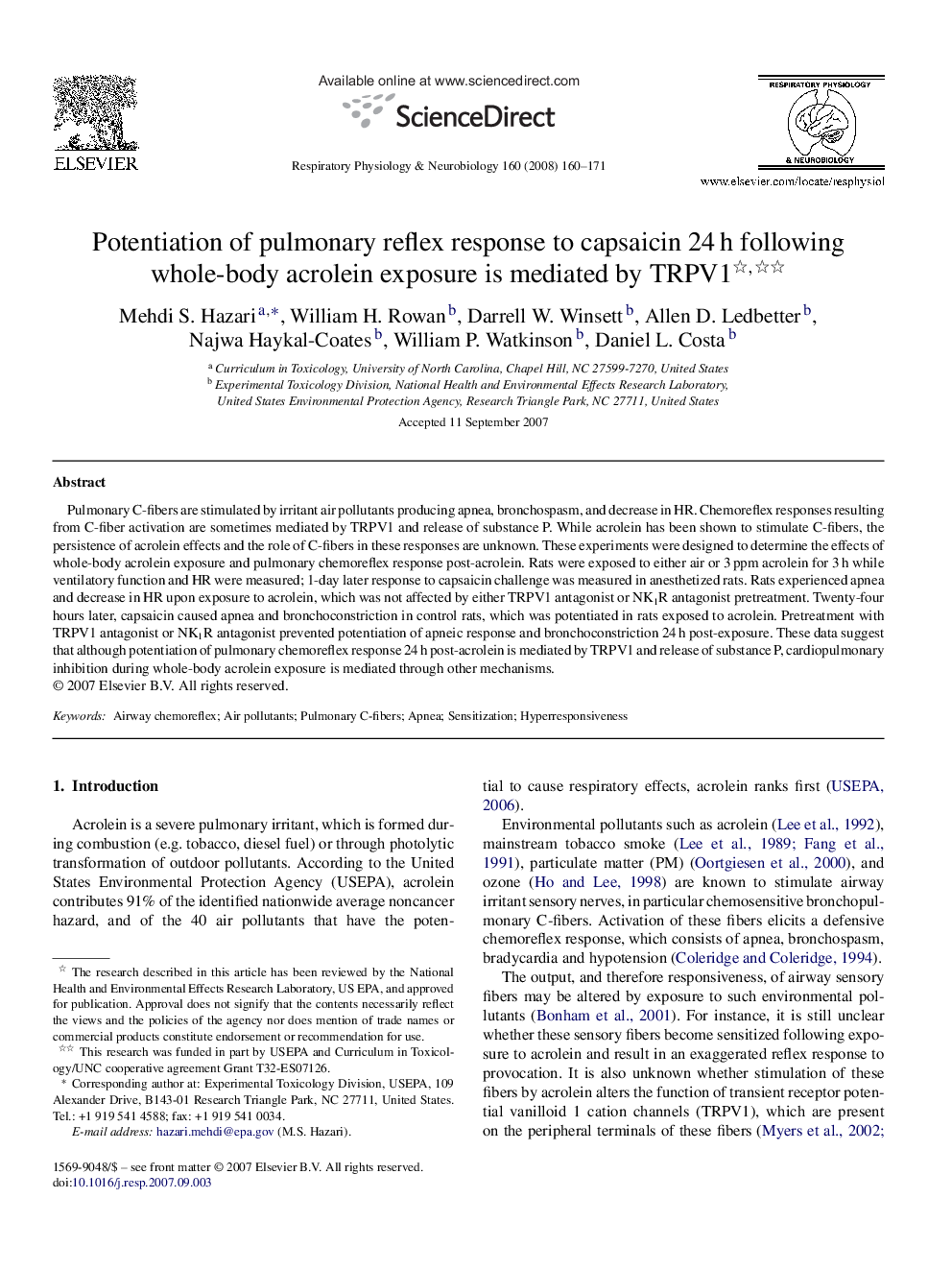 Potentiation of pulmonary reflex response to capsaicin 24 h following whole-body acrolein exposure is mediated by TRPV1 