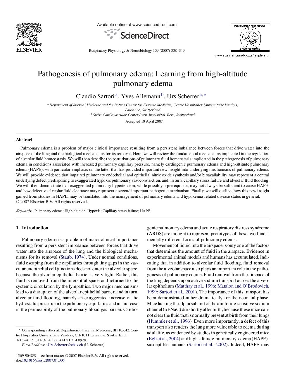 Pathogenesis of pulmonary edema: Learning from high-altitude pulmonary edema