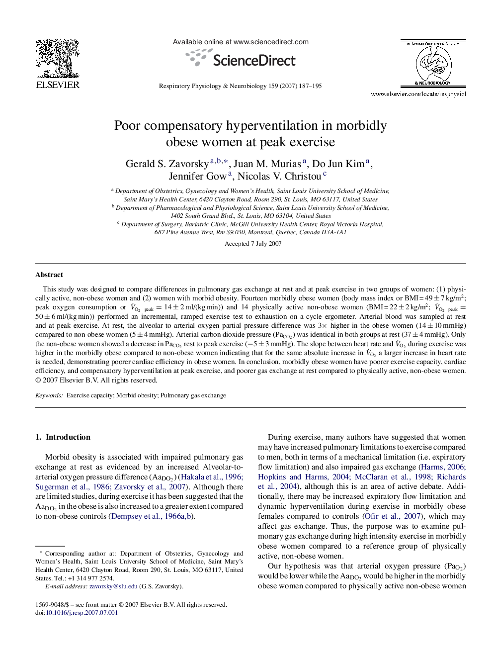 Poor compensatory hyperventilation in morbidly obese women at peak exercise