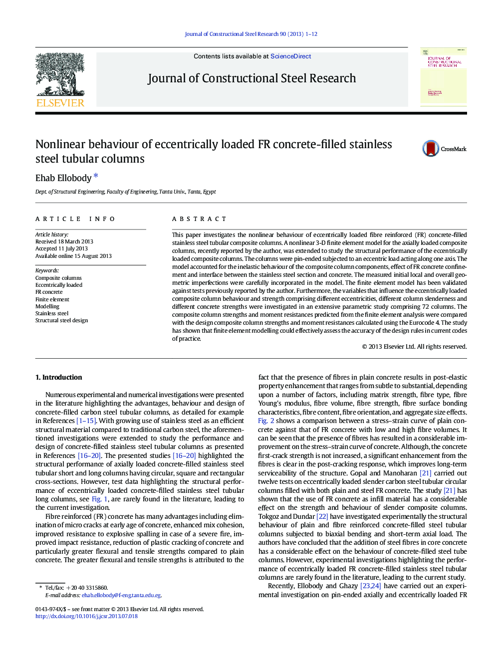 Nonlinear behaviour of eccentrically loaded FR concrete-filled stainless steel tubular columns