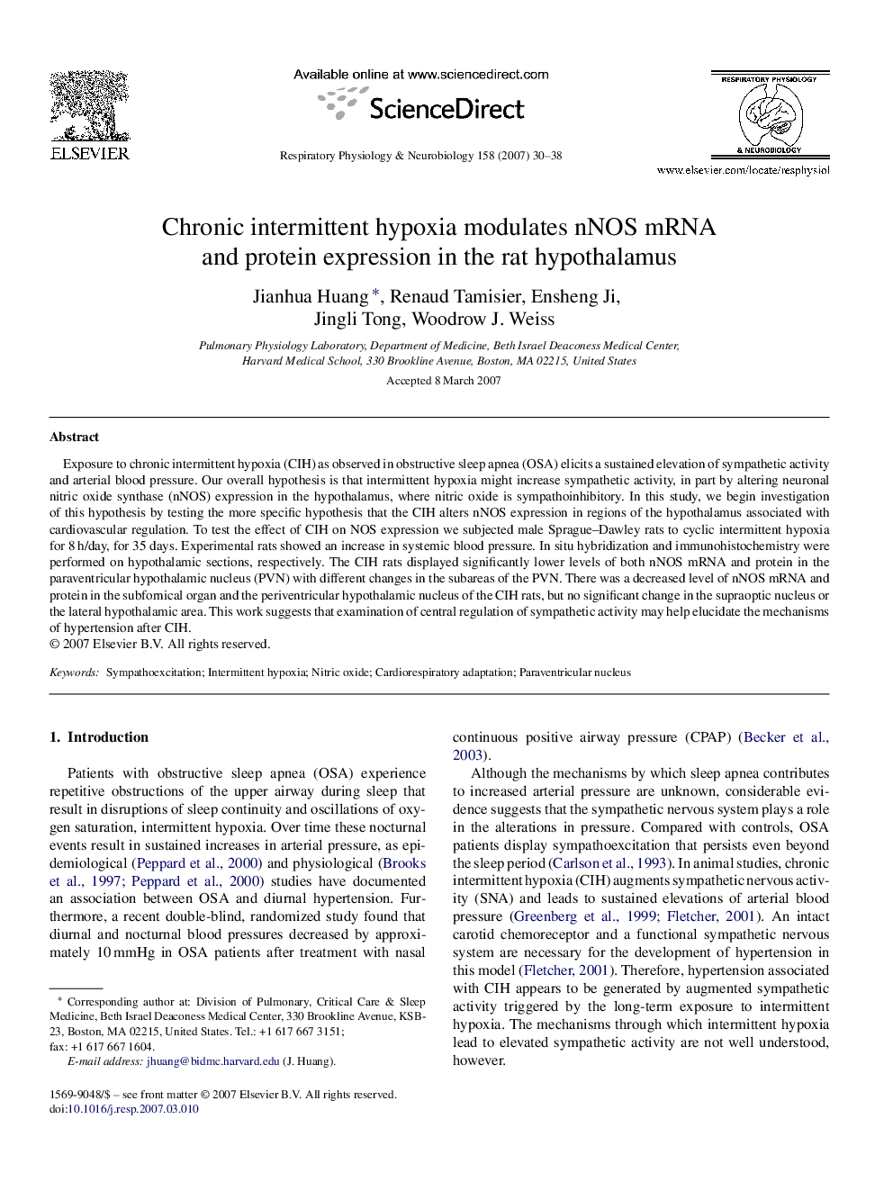 Chronic intermittent hypoxia modulates nNOS mRNA and protein expression in the rat hypothalamus