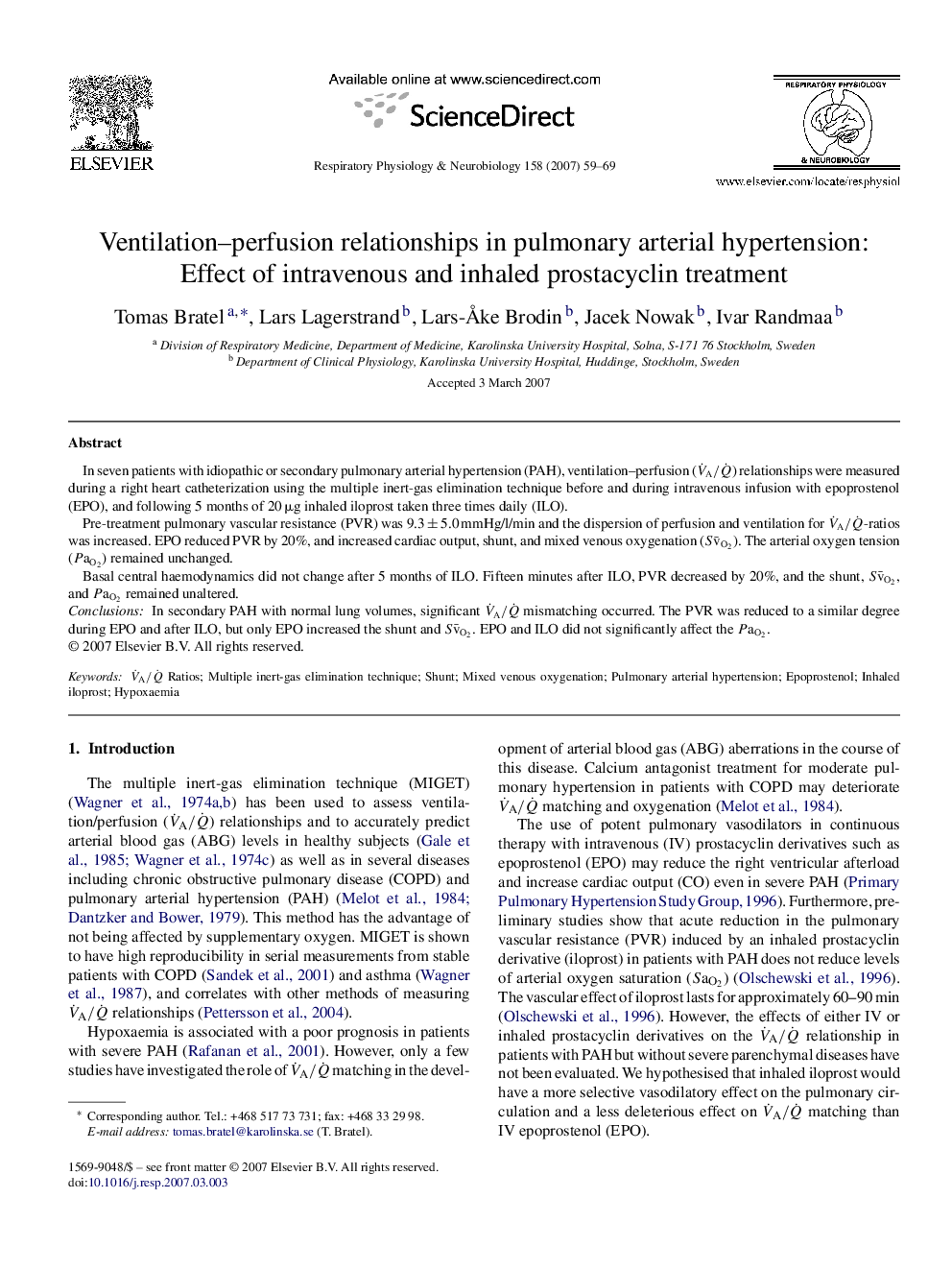 Ventilation–perfusion relationships in pulmonary arterial hypertension: Effect of intravenous and inhaled prostacyclin treatment