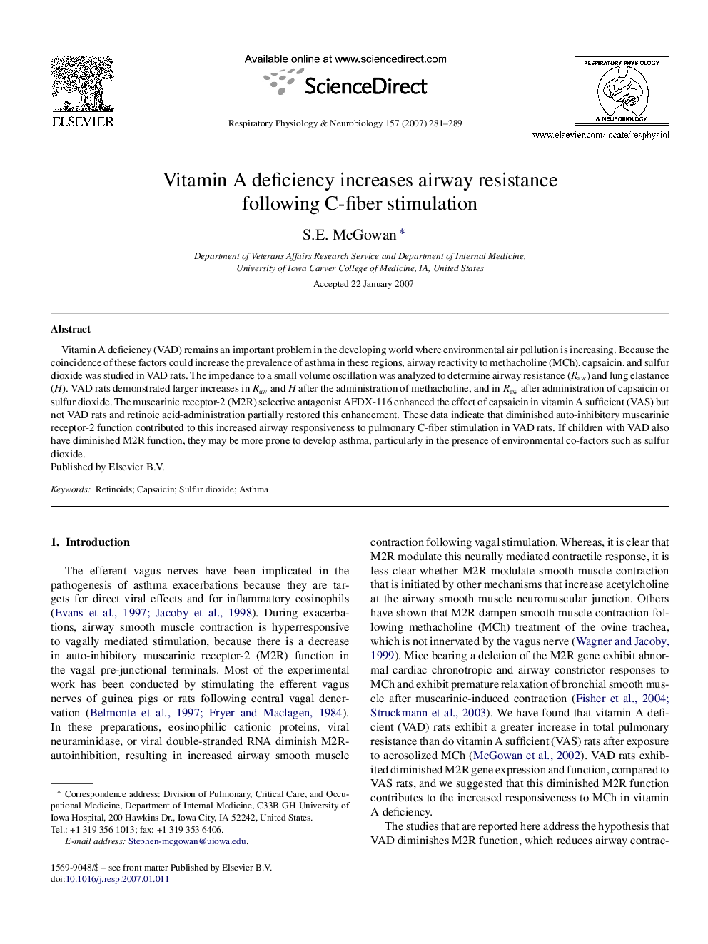 Vitamin A deficiency increases airway resistance following C-fiber stimulation