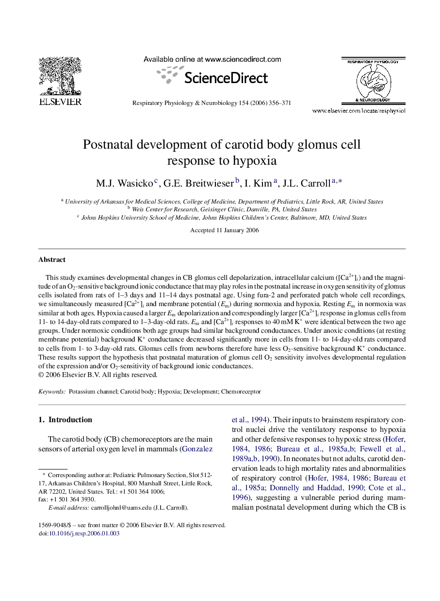 Postnatal development of carotid body glomus cell response to hypoxia