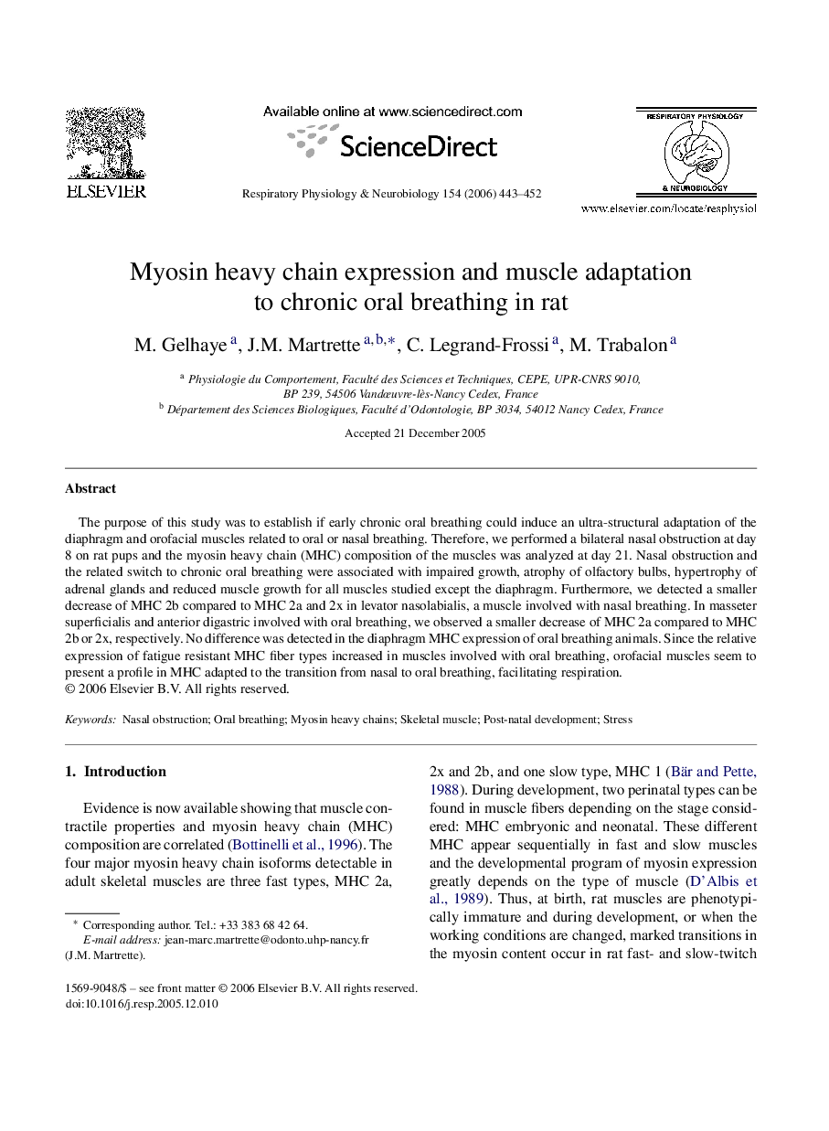 Myosin heavy chain expression and muscle adaptation to chronic oral breathing in rat