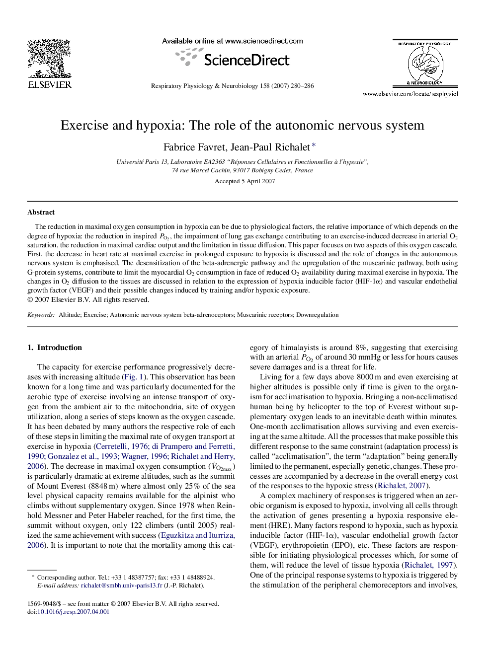 Exercise and hypoxia: The role of the autonomic nervous system