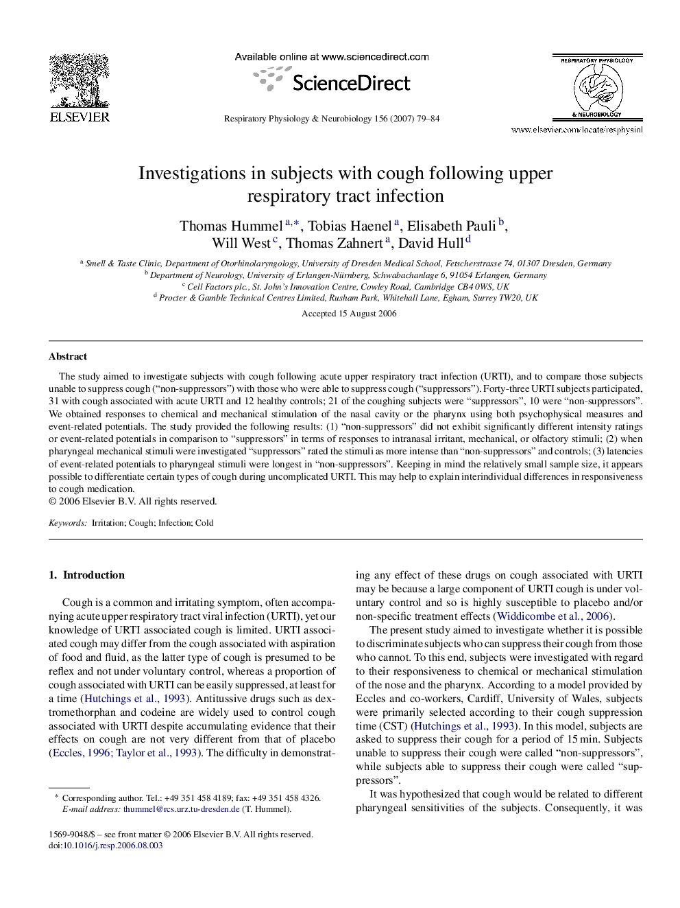 Investigations in subjects with cough following upper respiratory tract infection