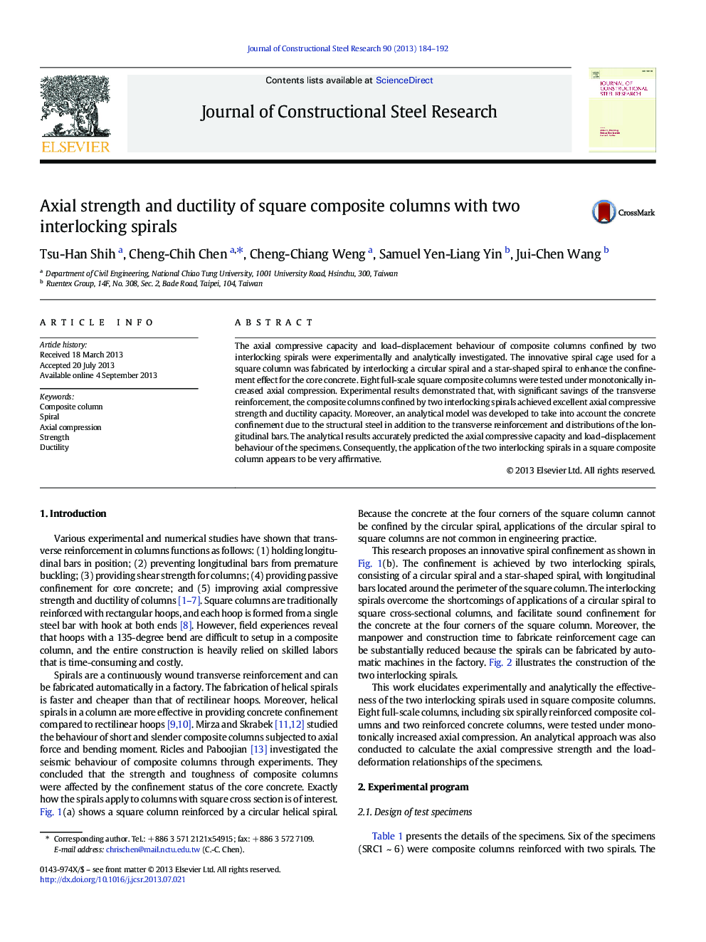 Axial strength and ductility of square composite columns with two interlocking spirals