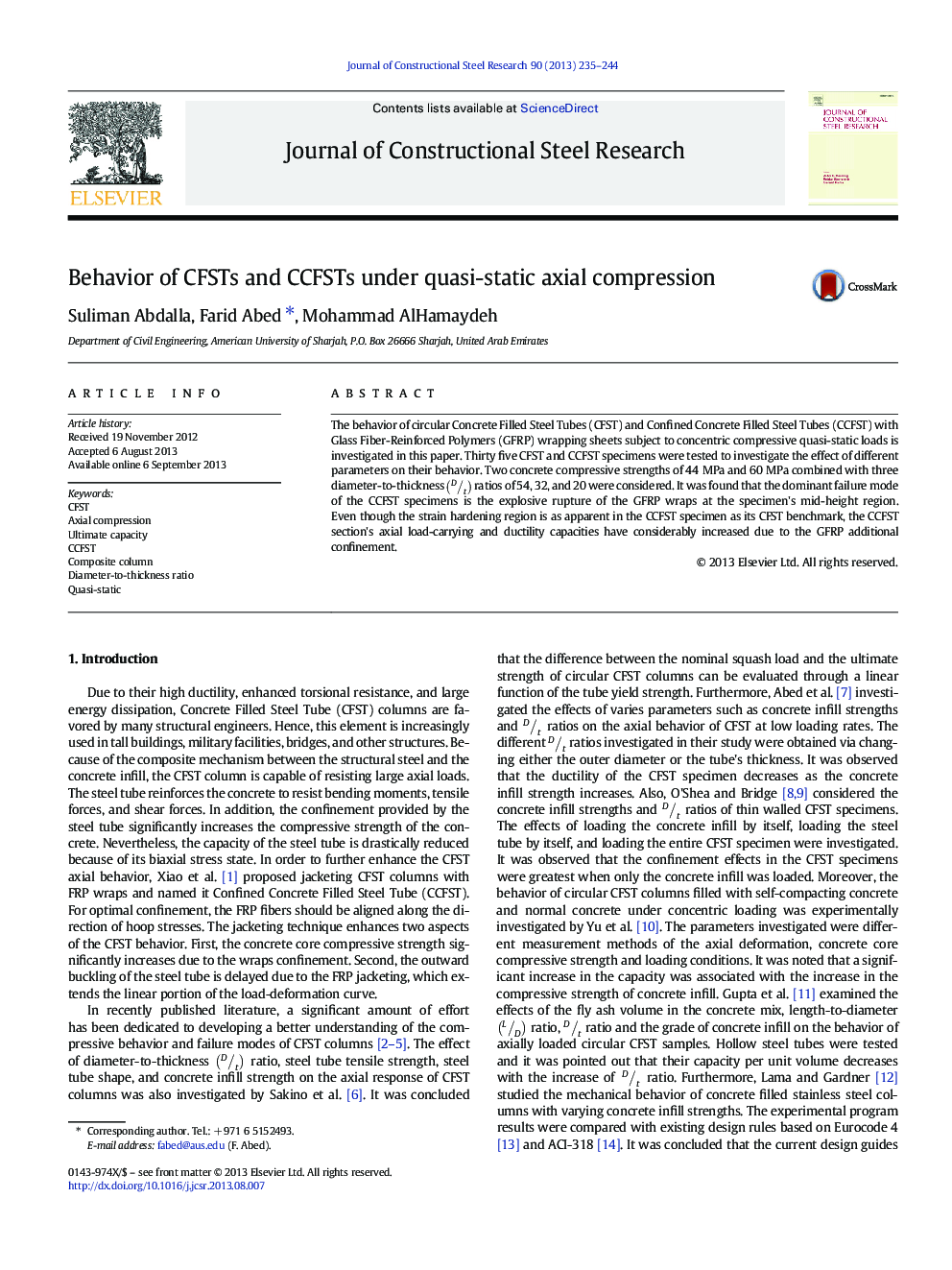 Behavior of CFSTs and CCFSTs under quasi-static axial compression